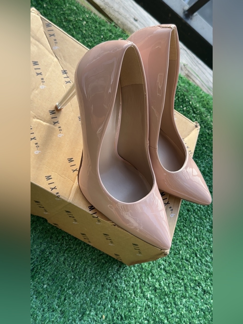 Mix No. 6 Nude Patent Pointed Stiletto Pumps